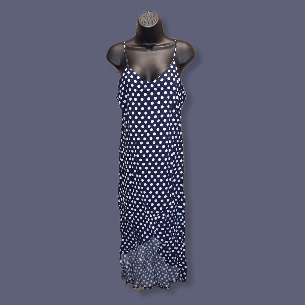 LILBETTER Women V-Neck Navy Blue Dot Print